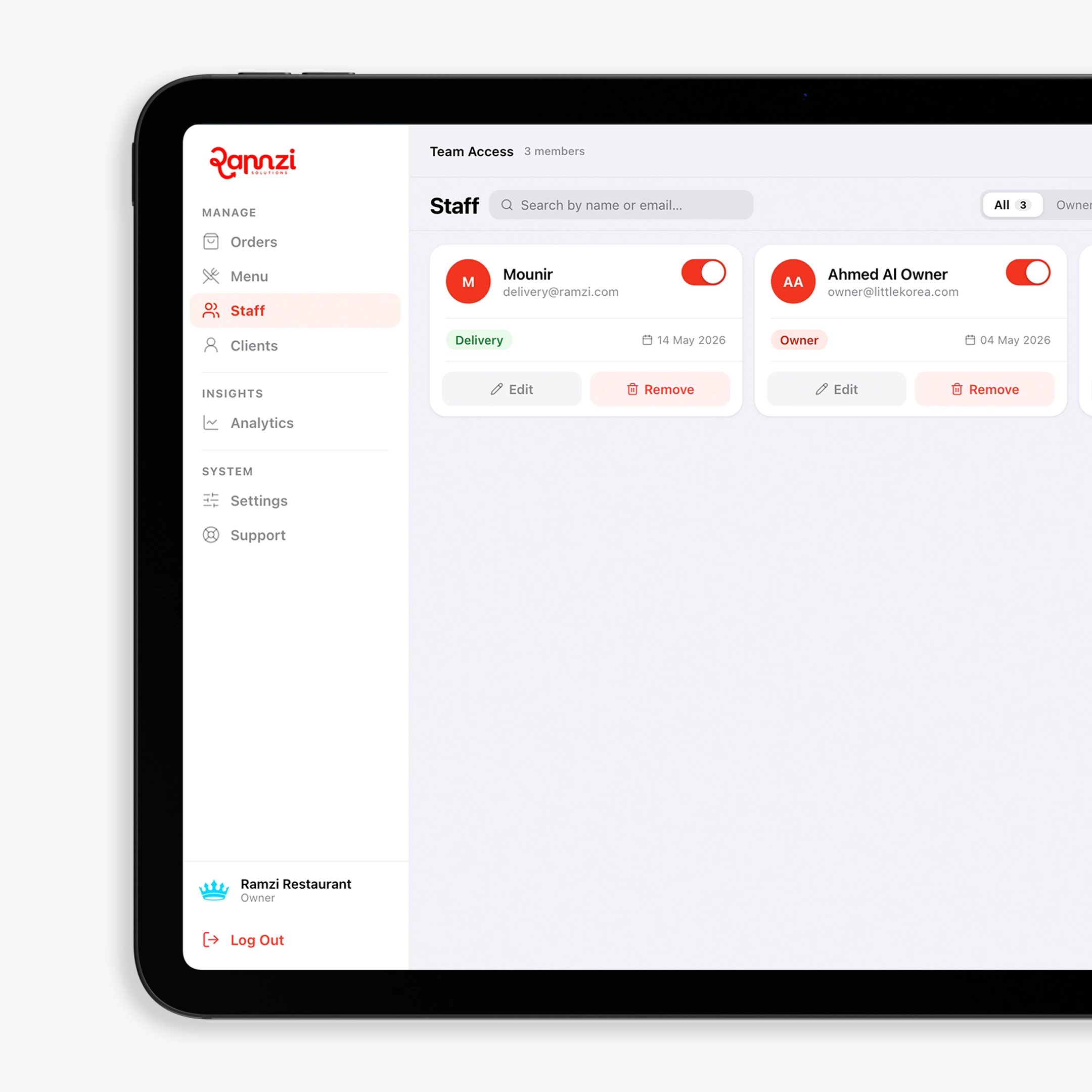 Staff management mockup